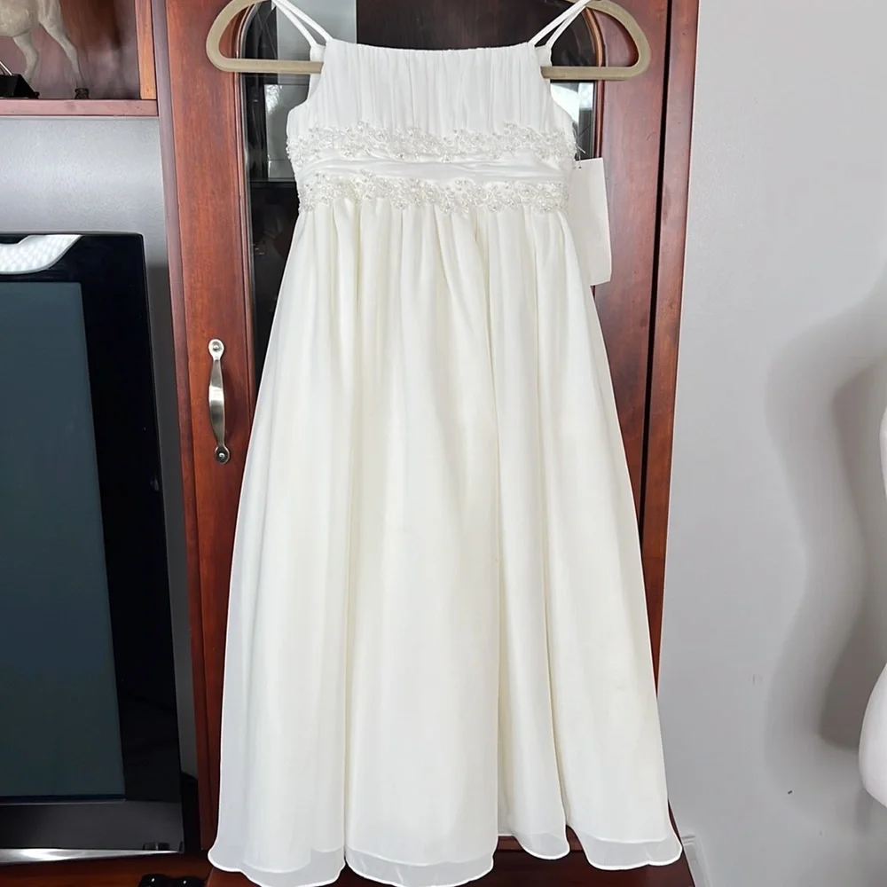 David's Bridal Girls Ivory Beaded Empire Waist Formal Dress - Picture 2 of 9